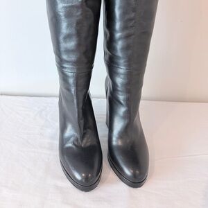 Sleek Black Leather Knee High Heeled Boots for Women
